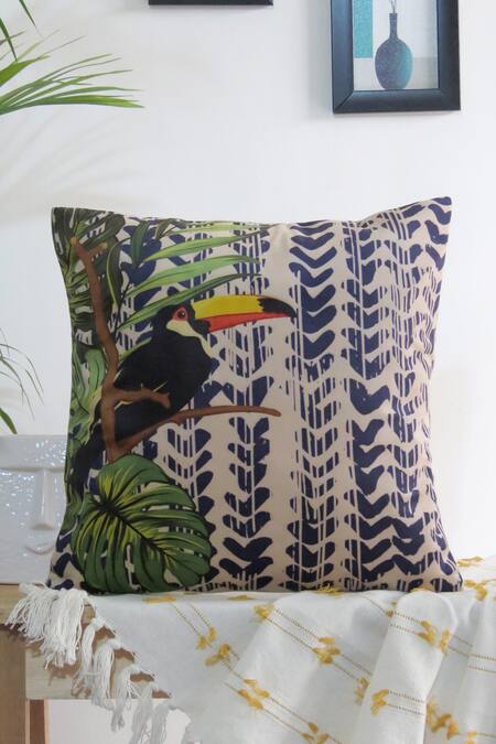 Mid July Home White Velvet Hornbill Bird, Printed Tie-dye Inspired Cushion Covers - Set Of 3 Online at Aza Fashions Mid July Home_White Velvet Hornbill Bird, Printed Tie-dye Inspired Cushion Covers - Set Of 3_Online_at_Aza_Fashions