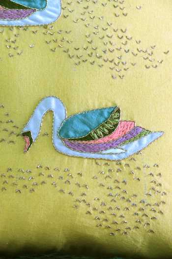 Mid July Home_Yellow Cotton Zardosi, Swans Hand Embroidered Cushion Cover_Online_at_Aza_Fashions
