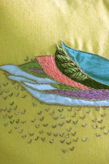 Buy_Mid July Home_Yellow Cotton Zardosi, Swans Hand Embroidered Cushion Cover_Online_at_Aza_Fashions