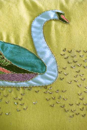 Shop_Mid July Home_Yellow Cotton Zardosi, Swans Hand Embroidered Cushion Cover_Online_at_Aza_Fashions