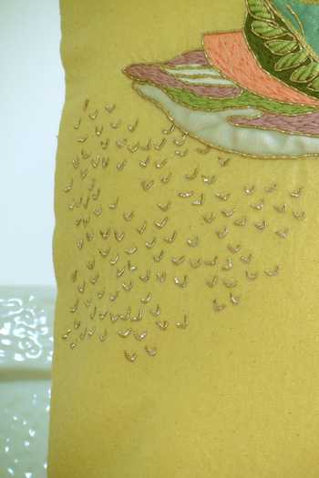 Mid July Home_Yellow Cotton Zardosi, Swans Hand Embroidered Cushion Cover_at_Aza_Fashions