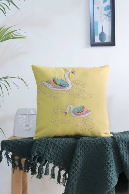 Mid July Home_Yellow Cotton Beads, Tassels, Hand Embroidered Cushion Covers - Set Of 3_Online_at_Aza_Fashions