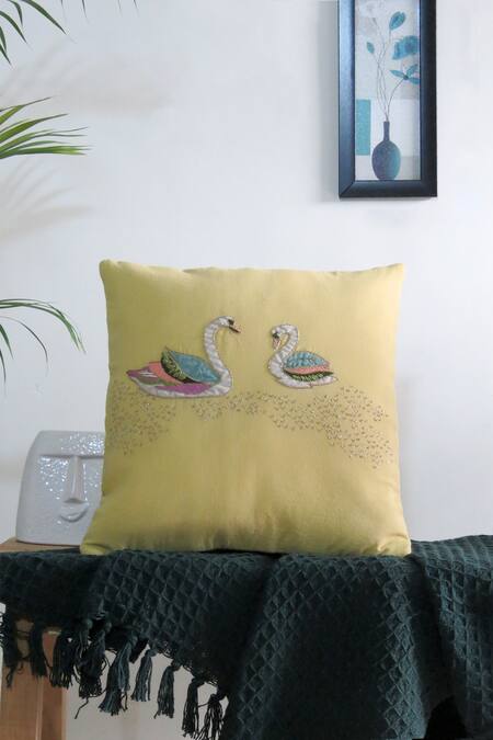 Buy_Mid July Home_Yellow Cotton Beads, Tassels, Hand Embroidered Cushion Covers - Set Of 3_Online_at_Aza_Fashions