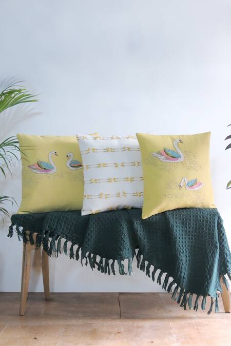 Shop_Mid July Home_Yellow Cotton Beads, Tassels, Hand Embroidered Cushion Covers - Set Of 3_Online_at_Aza_Fashions