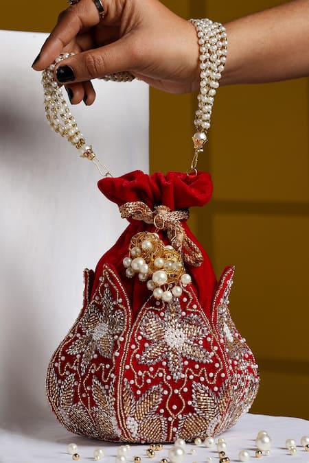House of Webhin Red Cutdana Lotus Gleam And Pearl Embellished Potli Bag