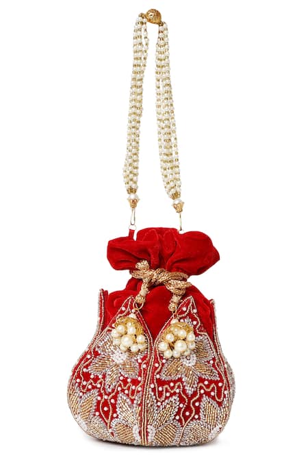 Shop House Of Webhin Red Cut Work, Pearls Lotus Gleam Cutdana And Embellished Potli Bag at Aza Fashions Shop_House Of Webhin_Red Cut Work, Pearls Lotus Gleam Cutdana And Embellished Potli Bag _at_Aza_Fashions