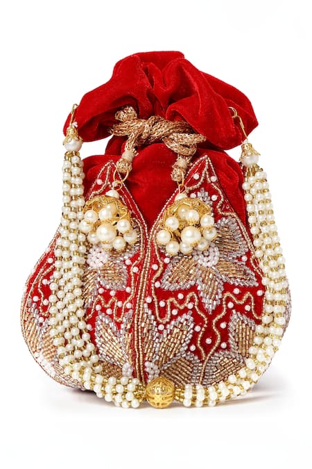 House Of Webhin Red Cut Work, Pearls Lotus Gleam Cutdana And Embellished Potli Bag Online at Aza Fashions House Of Webhin_Red Cut Work, Pearls Lotus Gleam Cutdana And Embellished Potli Bag _Online_at_Aza_Fashions