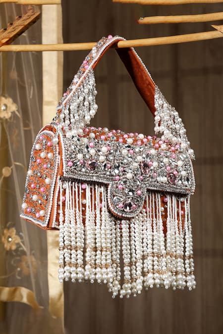 House Of Webhin Orange Pearls Rustic Tassel Treasure Box Clutch 