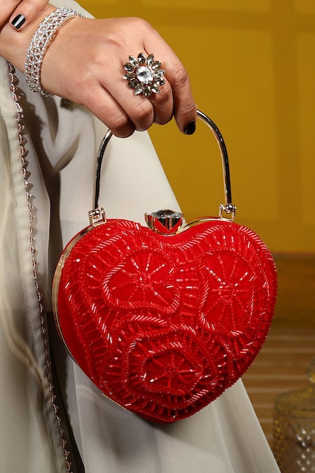 House Of Webhin Red Cut Work Heartbeat Cutdana Embellished Clutch 