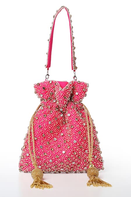 Shop House Of Webhin Pink Sequins, Embroidery Sparkle Studded Potli Bag at Aza Fashions Shop_House Of Webhin_Pink Sequins, Embroidery Sparkle Studded Potli Bag _at_Aza_Fashions