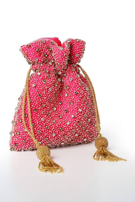 House Of Webhin Pink Sequins, Embroidery Sparkle Studded Potli Bag Online at Aza Fashions House Of Webhin_Pink Sequins, Embroidery Sparkle Studded Potli Bag _Online_at_Aza_Fashions