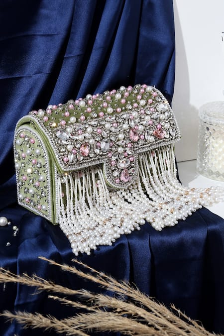 House Of Webhin Green Studs, Stones, Sequins Tasseled Box Clutch 