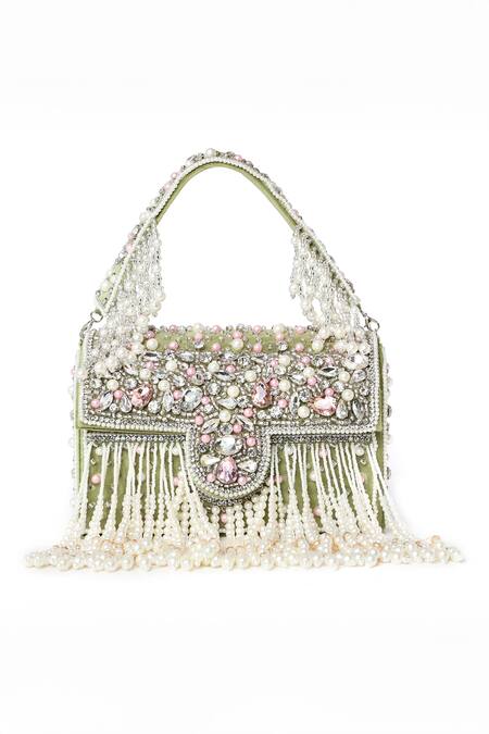 Shop House Of Webhin Green Studs, Stones, Sequins Tasseled Box Clutch at Aza Fashions Shop_House Of Webhin_Green Studs, Stones, Sequins Tasseled Box Clutch _at_Aza_Fashions