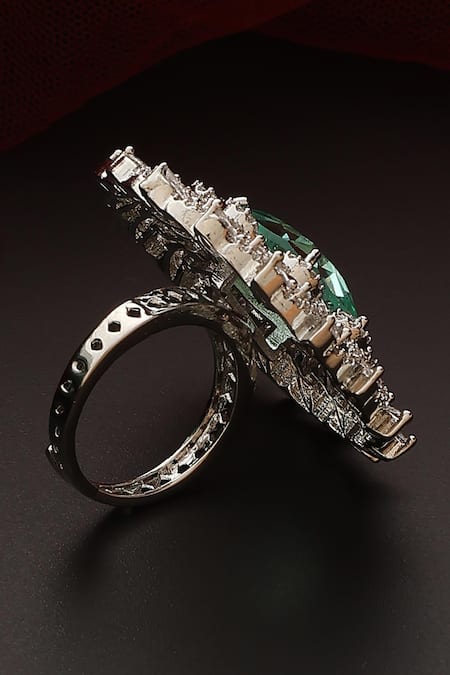 Swabhimann_Green Zari Emerald Floral Zirconia Ring _Online_at_Aza_Fashions