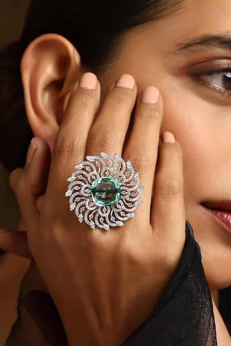 Buy_Swabhimann_Green Zari Emerald Floral Zirconia Ring _Online_at_Aza_Fashions