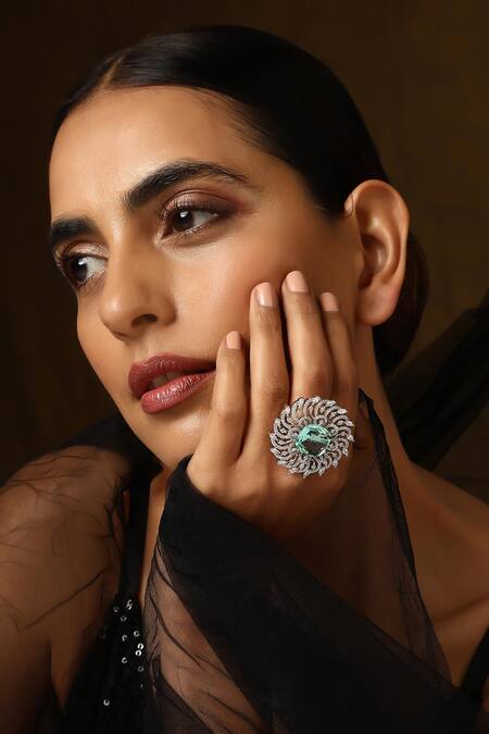 Shop_Swabhimann_Green Zari Emerald Floral Zirconia Ring _Online_at_Aza_Fashions