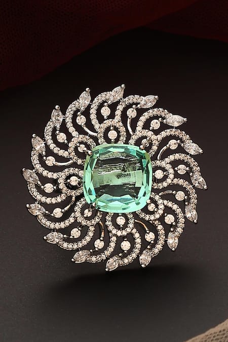 Shop_Swabhimann_Green Zari Emerald Floral Zirconia Ring _at_Aza_Fashions