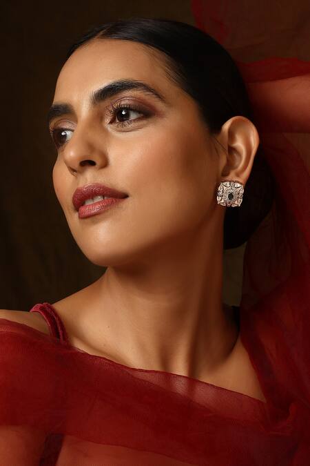 Buy_Swabhimann_Green Stones, Diamonds Polki Studded Earrings _Online_at_Aza_Fashions