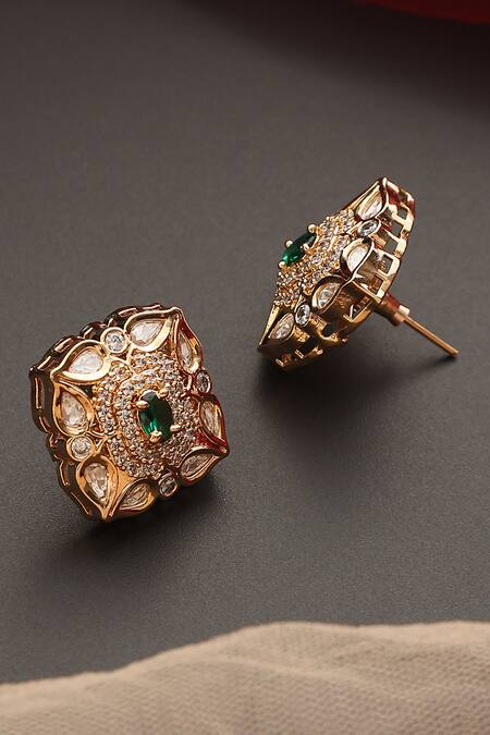 Shop_Swabhimann_Green Stones, Diamonds Polki Studded Earrings _Online_at_Aza_Fashions