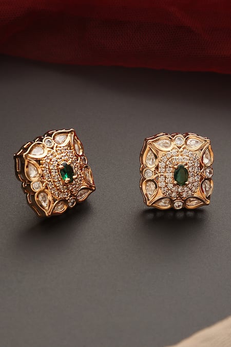 Shop_Swabhimann_Green Stones, Diamonds Polki Studded Earrings _at_Aza_Fashions