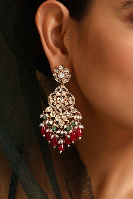 Swabhimann_Gold Plated Stones, Beads Polki Studded Floral Dangler Earrings _Online_at_Aza_Fashions
