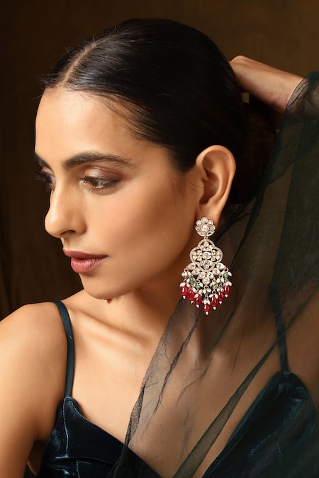 Buy_Swabhimann_Gold Plated Stones, Beads Polki Studded Floral Dangler Earrings _Online_at_Aza_Fashions