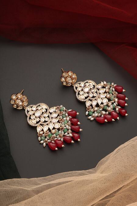 Shop Swabhimann Gold Plated Stones, Beads Polki Studded Floral Dangler Earrings Online at Aza Fashions Shop_Swabhimann_Gold Plated Stones, Beads Polki Studded Floral Dangler Earrings _Online_at_Aza_Fashions