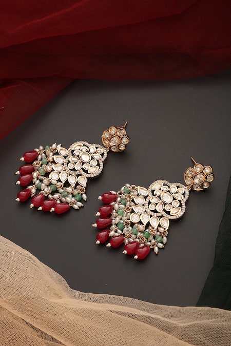 Shop_Swabhimann_Gold Plated Stones, Beads Polki Studded Floral Dangler Earrings _at_Aza_Fashions