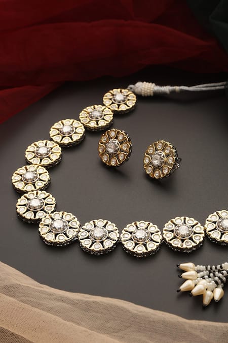 Swabhimann_Silver Plated Diamonds, Stones Polki Studded Blossom Necklace Set _Online_at_Aza_Fashions