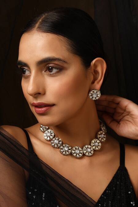 Buy_Swabhimann_Silver Plated Diamonds, Stones Polki Studded Blossom Necklace Set _Online_at_Aza_Fashions