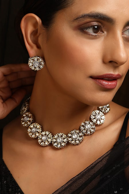 Shop_Swabhimann_Silver Plated Diamonds, Stones Polki Studded Blossom Necklace Set _Online_at_Aza_Fashions