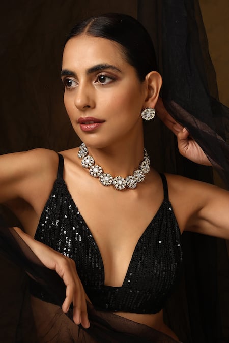 Swabhimann Silver Plated Diamonds, Stones Polki Studded Blossom Necklace Set 