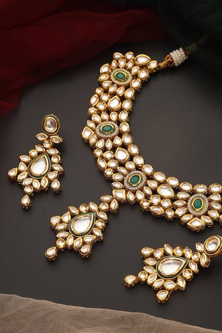 Swabhimann_Gold Plated Stones, Zari Kundan Studded Necklace Set _Online_at_Aza_Fashions