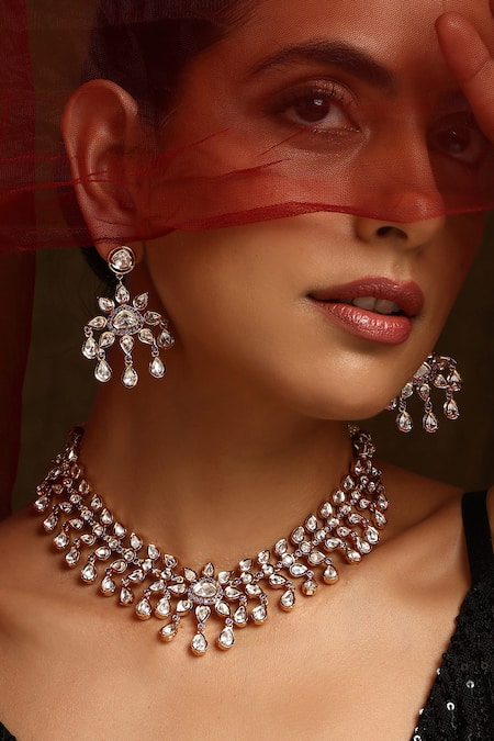 Shop_Swabhimann_Purple Stones, Diamonds Floral Polki Studded Necklace Set _Online_at_Aza_Fashions