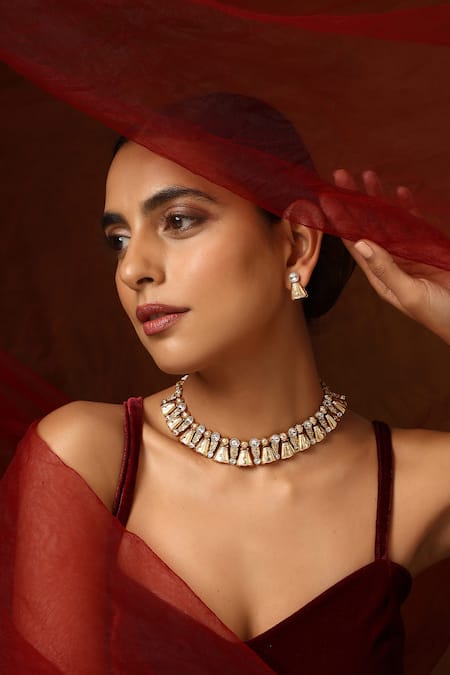 Buy_Swabhimann_Gold Plated Stones Carved Kundan Studded Necklace Set _Online_at_Aza_Fashions