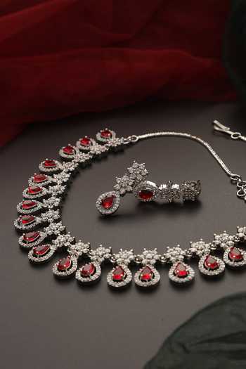 Swabhimann_Red Zari, Stones Floral Zirconia Studded Necklace Set _Online_at_Aza_Fashions