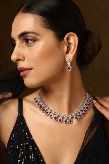 Buy_Swabhimann_Red Zari, Stones Floral Zirconia Studded Necklace Set _Online_at_Aza_Fashions