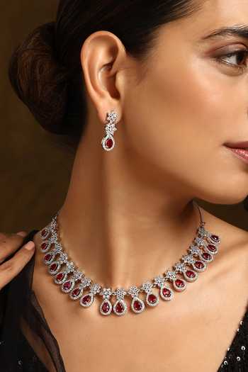 Shop_Swabhimann_Red Zari, Stones Floral Zirconia Studded Necklace Set _Online_at_Aza_Fashions