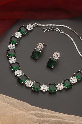Swabhimann_Green Zari, Stones Zirconia Studded Floral Necklace Set _Online_at_Aza_Fashions
