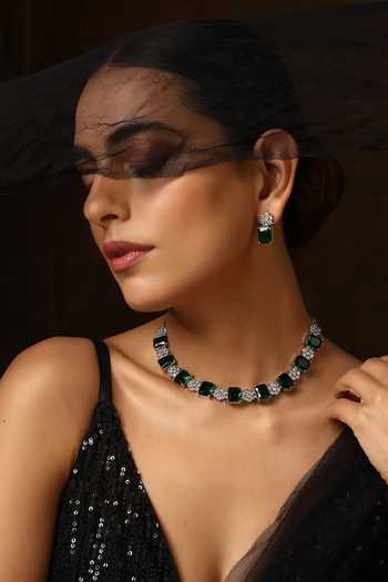Buy_Swabhimann_Green Zari, Stones Zirconia Studded Floral Necklace Set _Online_at_Aza_Fashions