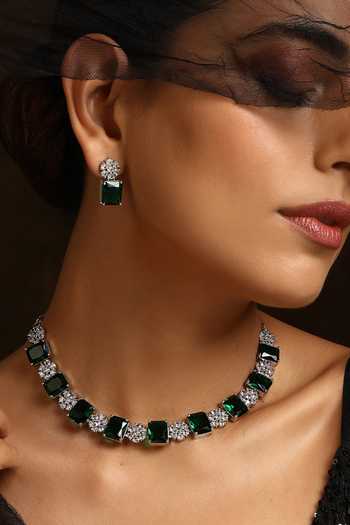 Shop_Swabhimann_Green Zari, Stones Zirconia Studded Floral Necklace Set _Online_at_Aza_Fashions