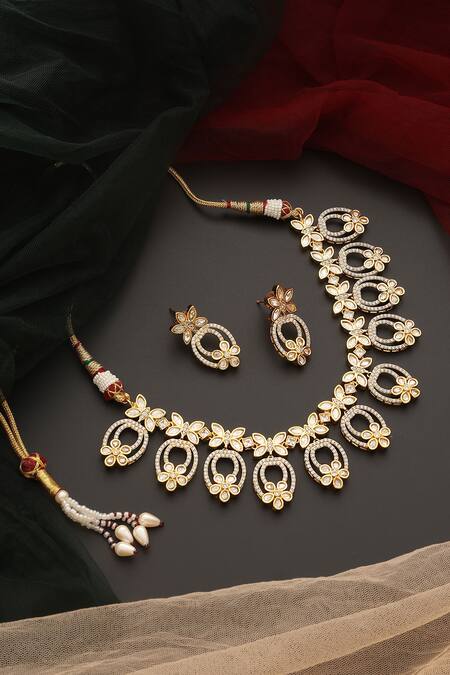 Swabhimann_Gold Plated Stones, Diamonds Polki Studded Floral Butterfly Necklace Set _Online_at_Aza_Fashions