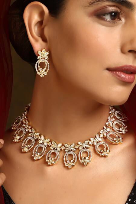 Buy_Swabhimann_Gold Plated Stones, Diamonds Polki Studded Floral Butterfly Necklace Set _Online_at_Aza_Fashions