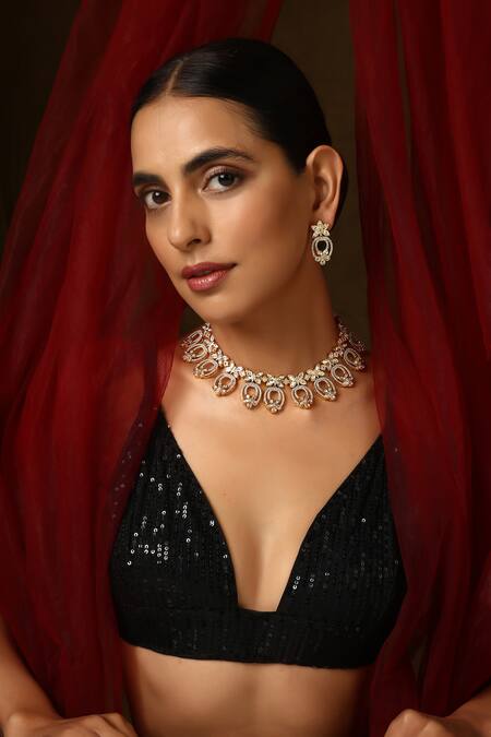 Shop_Swabhimann_Gold Plated Stones, Diamonds Polki Studded Floral Butterfly Necklace Set _Online_at_Aza_Fashions