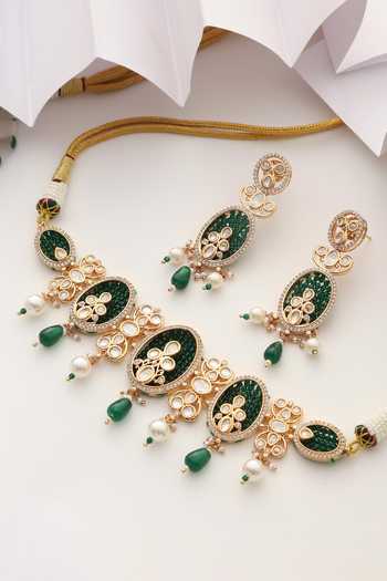 Swabhimann_Green Stones, Beads Floral Studded Choker Necklace Set _Online_at_Aza_Fashions