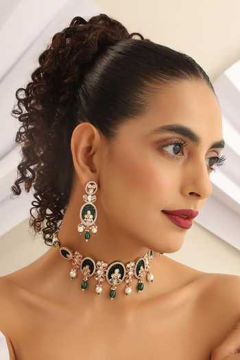 Buy_Swabhimann_Green Stones, Beads Floral Studded Choker Necklace Set _Online_at_Aza_Fashions