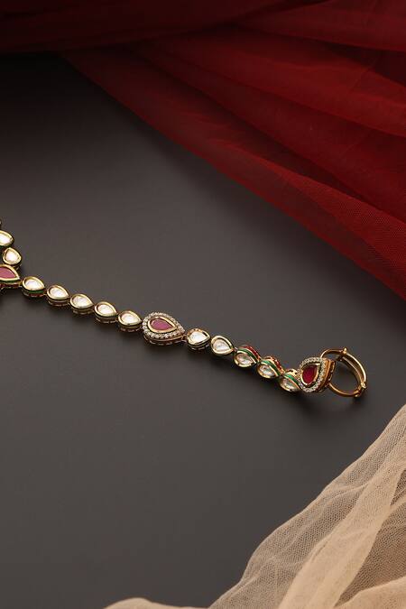 Swabhimann_Red Crystals Tear Drop Cutwork Embellished Haathphool_Online_at_Aza_Fashions