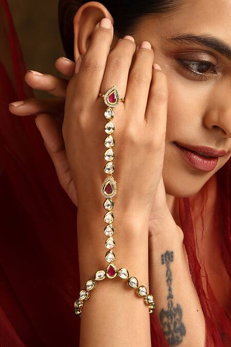 Buy_Swabhimann_Red Crystals Tear Drop Cutwork Embellished Haathphool_Online_at_Aza_Fashions