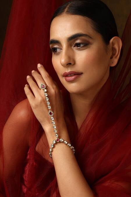 Shop_Swabhimann_Red Crystals Tear Drop Cutwork Embellished Haathphool_Online_at_Aza_Fashions