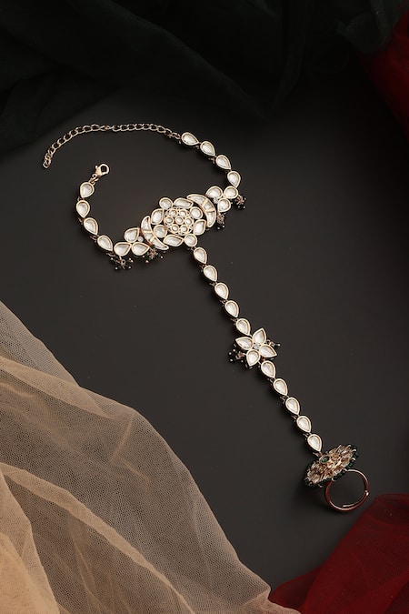 Shop_Swabhimann_Green Beads, Diamonds Floral Cutwork Polki Haathphool _Online_at_Aza_Fashions